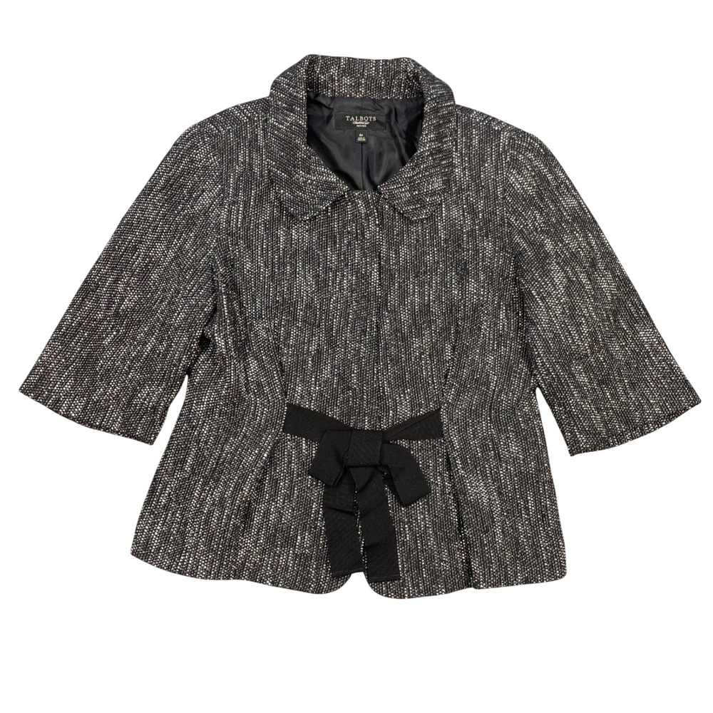 Talbots Black White Tweed Bow Waist Blazer Jacket Women 6P